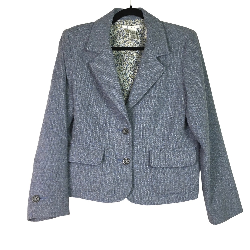 Cabi Wool Blend Textured Tweed Two‎ Button Blazer Style 145 Blue Grey